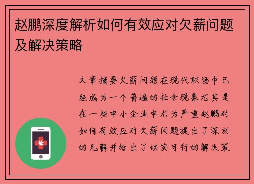 赵鹏深度解析如何有效应对欠薪问题及解决策略
