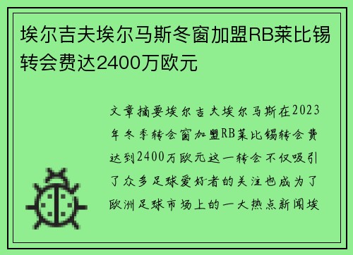 埃尔吉夫埃尔马斯冬窗加盟RB莱比锡转会费达2400万欧元 埃尔吉夫埃尔马斯冬窗加盟RB莱比锡转会费达2400万欧元